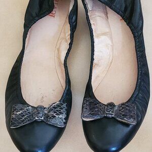 Levity Black Leather Ballet Flats w/ Snakeskin Bow - Size 10